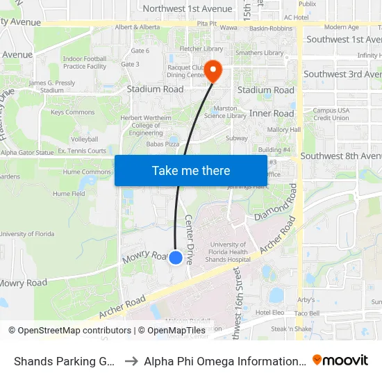 Shands Parking Garage to Alpha Phi Omega Information Booth map