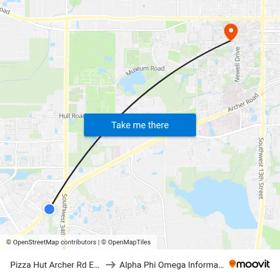 Pizza Hut Archer Rd Eastbound to Alpha Phi Omega Information Booth map