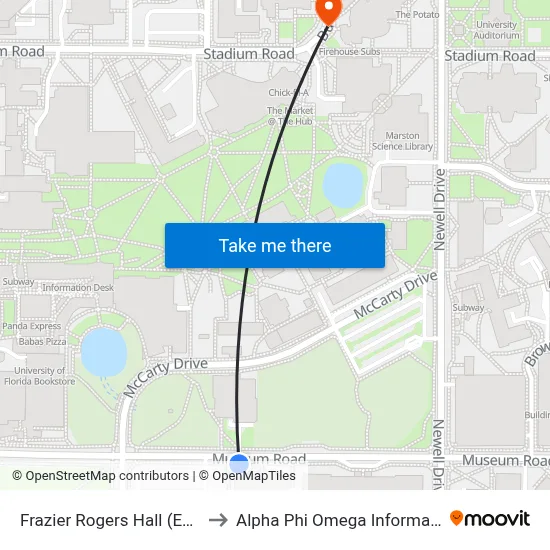 Frazier Rogers Hall (Eastbound) to Alpha Phi Omega Information Booth map