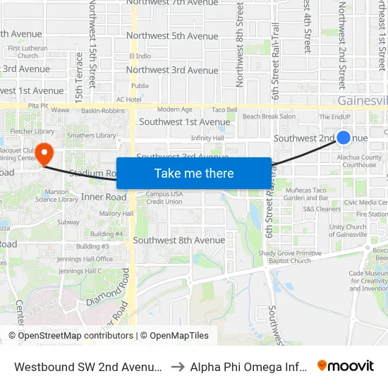 Westbound SW 2nd Avenue @ SW 2nd Street to Alpha Phi Omega Information Booth map