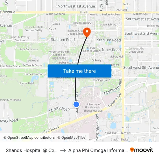 Shands Hospital @ Center Drive to Alpha Phi Omega Information Booth map