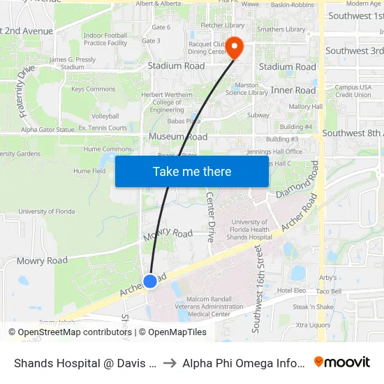 Shands Hospital @ Davis Cancer Pavilion to Alpha Phi Omega Information Booth map