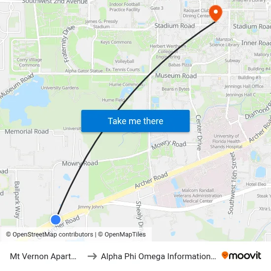 Mt Vernon Apartments to Alpha Phi Omega Information Booth map