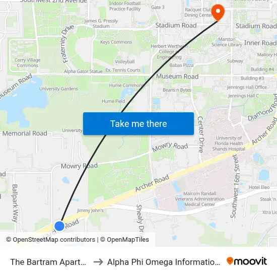 The Bartram Apartments to Alpha Phi Omega Information Booth map