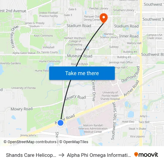 Shands Care Helicopter Pad to Alpha Phi Omega Information Booth map