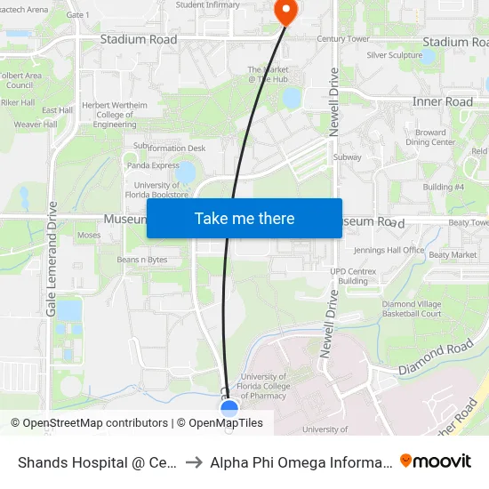 Shands Hospital @ Center Drive to Alpha Phi Omega Information Booth map