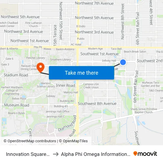 Innovation Square East to Alpha Phi Omega Information Booth map