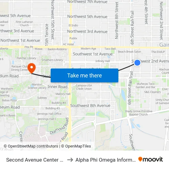 Second Avenue Center Apartments to Alpha Phi Omega Information Booth map