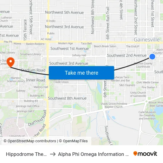 Hippodrome Theatre to Alpha Phi Omega Information Booth map