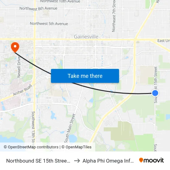 Northbound SE 15th Street @ SE 13th Place to Alpha Phi Omega Information Booth map