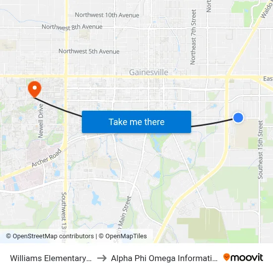 Williams Elementary School to Alpha Phi Omega Information Booth map