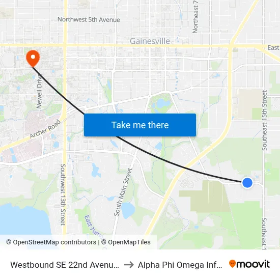 Westbound SE 22nd Avenue @ SE 13th Street to Alpha Phi Omega Information Booth map