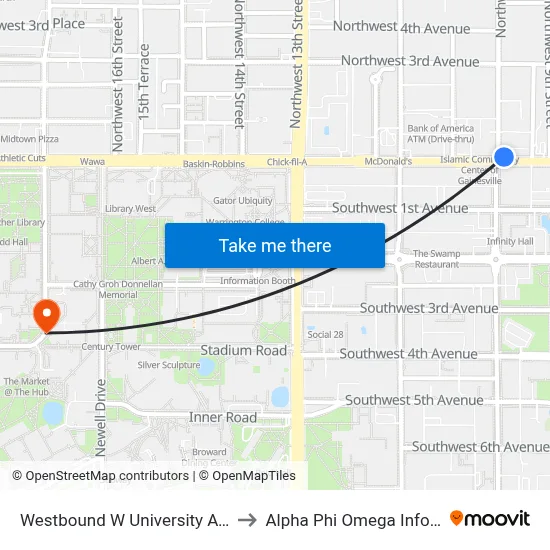 Westbound W University Ave @ NW 10th St to Alpha Phi Omega Information Booth map