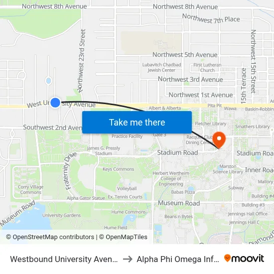 Westbound University Avenue @ NW 23rd Drive to Alpha Phi Omega Information Booth map