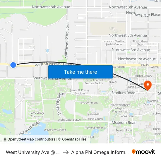 West University Ave @ NW 28th St to Alpha Phi Omega Information Booth map