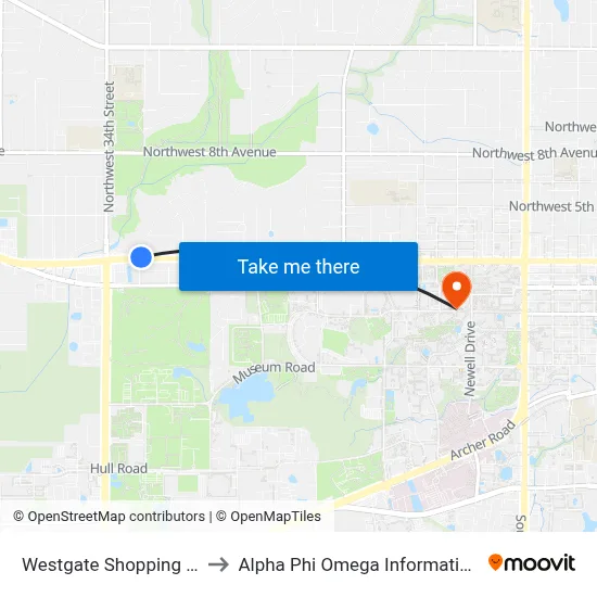 Westgate Shopping Center to Alpha Phi Omega Information Booth map