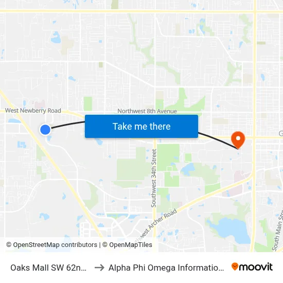 Oaks Mall SW 62nd Blvd to Alpha Phi Omega Information Booth map