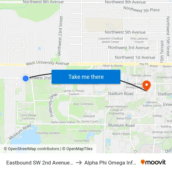 Eastbound SW 2nd Avenue @ SW 26th Street to Alpha Phi Omega Information Booth map