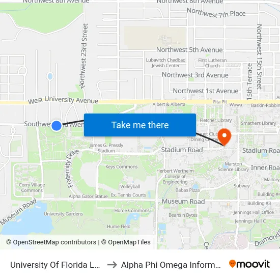 University Of Florida Law School to Alpha Phi Omega Information Booth map