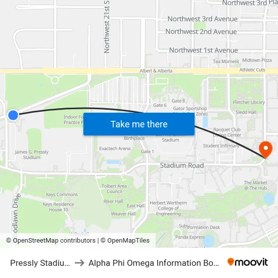 Pressly Stadium to Alpha Phi Omega Information Booth map