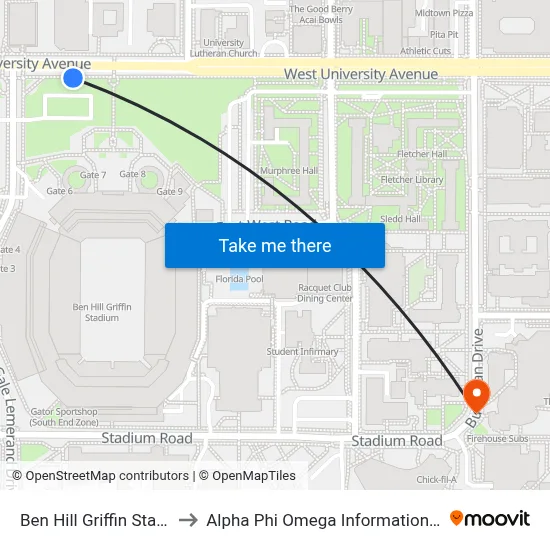 Ben Hill Griffin Stadium to Alpha Phi Omega Information Booth map