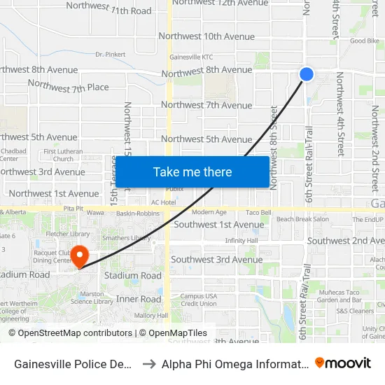 Gainesville Police Department to Alpha Phi Omega Information Booth map
