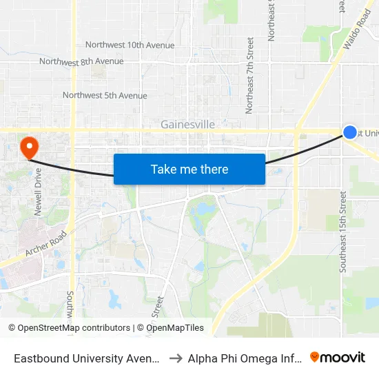 Eastbound University Avenue @ SE 15th Street to Alpha Phi Omega Information Booth map