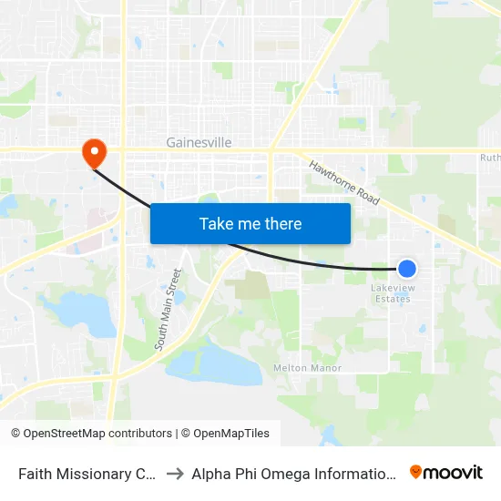 Faith Missionary Church to Alpha Phi Omega Information Booth map