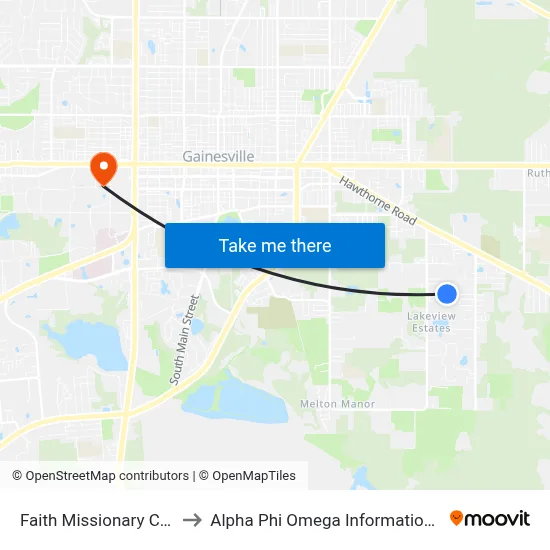 Faith Missionary Church to Alpha Phi Omega Information Booth map