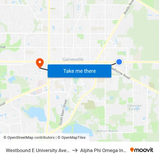 Westbound E University Avenue @ SE 21st Street to Alpha Phi Omega Information Booth map