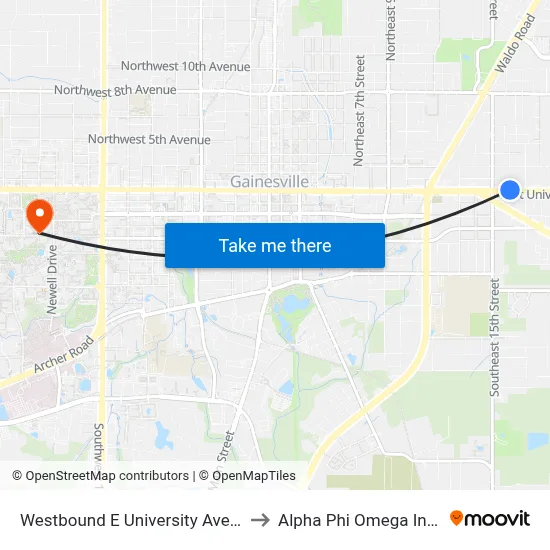 Westbound E University Avenue @ NE 16th Street to Alpha Phi Omega Information Booth map