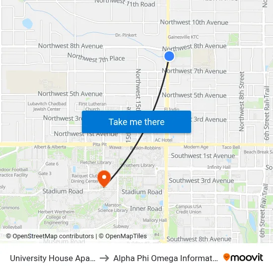 University House Apartments to Alpha Phi Omega Information Booth map