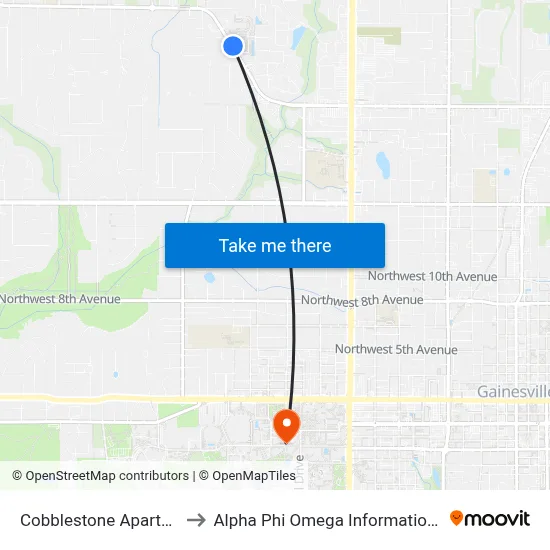 Cobblestone Apartments to Alpha Phi Omega Information Booth map