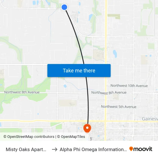 Misty Oaks Apartments to Alpha Phi Omega Information Booth map