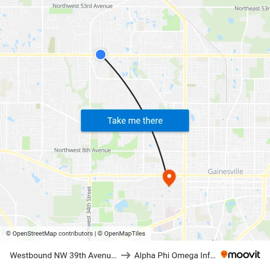 Westbound NW 39th Avenue @ NW 31st Street to Alpha Phi Omega Information Booth map