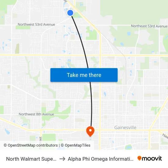 North Walmart Supercenter to Alpha Phi Omega Information Booth map