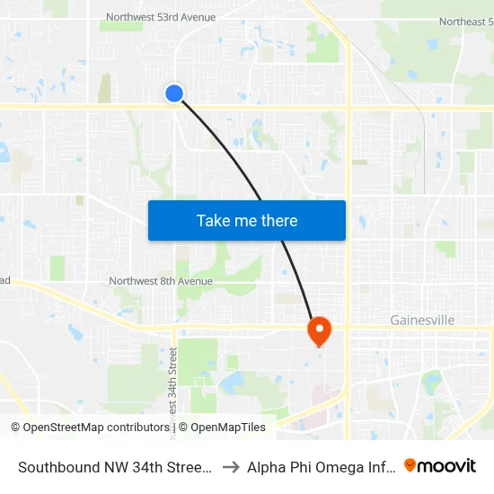 Southbound NW 34th Street @ NW 41st Avenue to Alpha Phi Omega Information Booth map