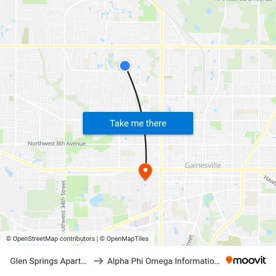 Glen Springs Apartments to Alpha Phi Omega Information Booth map