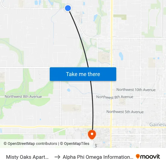 Misty Oaks Apartments to Alpha Phi Omega Information Booth map