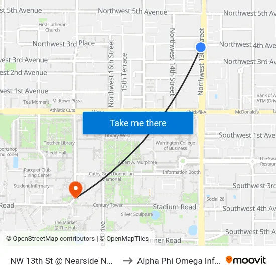 NW 13th St @ Nearside NW 3rd Pl Southbound to Alpha Phi Omega Information Booth map