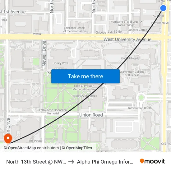 North 13th Street @ NW 1st Avenue to Alpha Phi Omega Information Booth map
