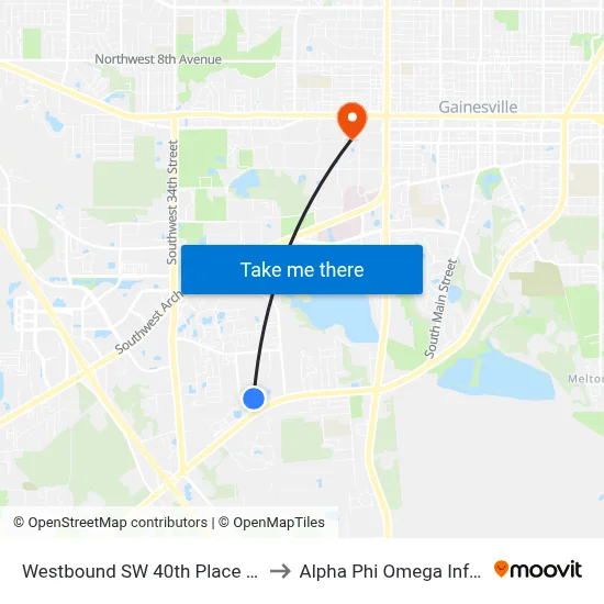 Westbound SW 40th Place @ NW 26th Terrace to Alpha Phi Omega Information Booth map