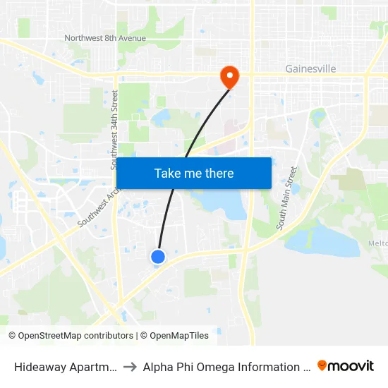 Hideaway Apartments to Alpha Phi Omega Information Booth map