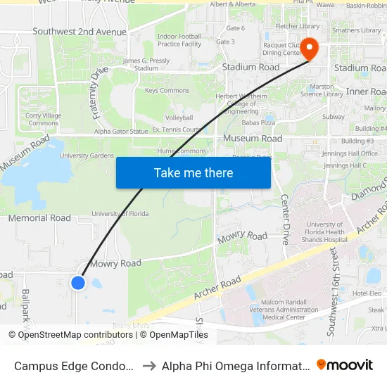 Campus Edge Condominiums to Alpha Phi Omega Information Booth map