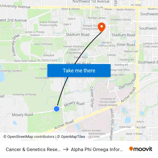 Cancer & Genetics Research Center to Alpha Phi Omega Information Booth map