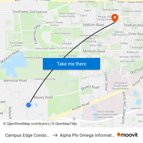 Campus Edge Condominiums to Alpha Phi Omega Information Booth map