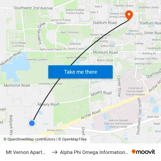 Mt Vernon Apartments to Alpha Phi Omega Information Booth map