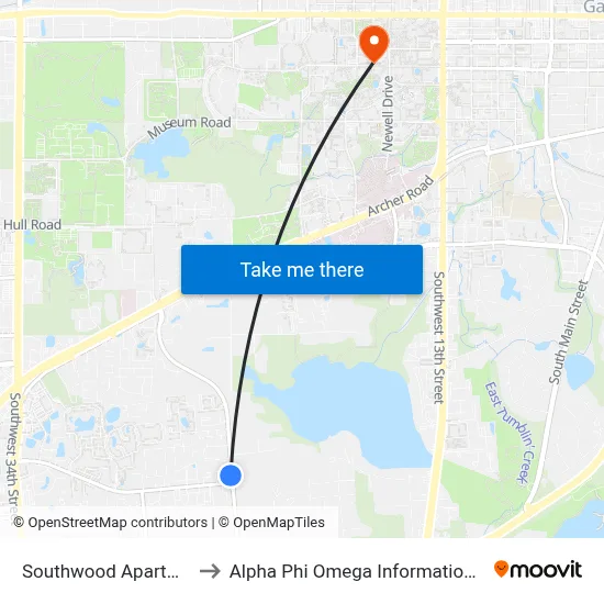 Southwood Apartments to Alpha Phi Omega Information Booth map