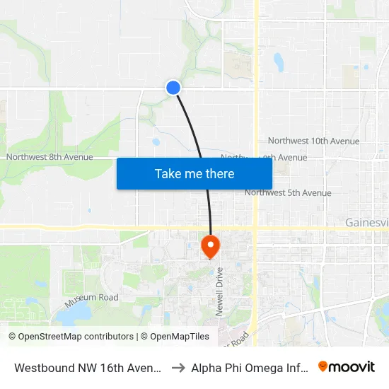 Westbound NW 16th Avenue @ NW 20th Way to Alpha Phi Omega Information Booth map