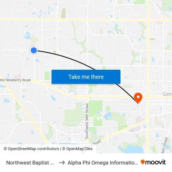 Northwest Baptist Church to Alpha Phi Omega Information Booth map